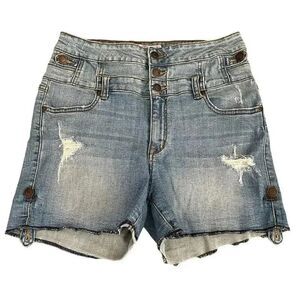 Eunina Blue Denim Cotton High Rise Front Button Closure Raw Hem Jeans L #1042